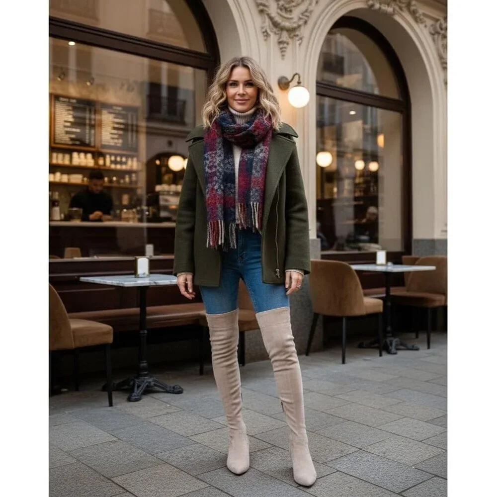 Women's Cream High  Thigh Low Block Heel Stylish Boots